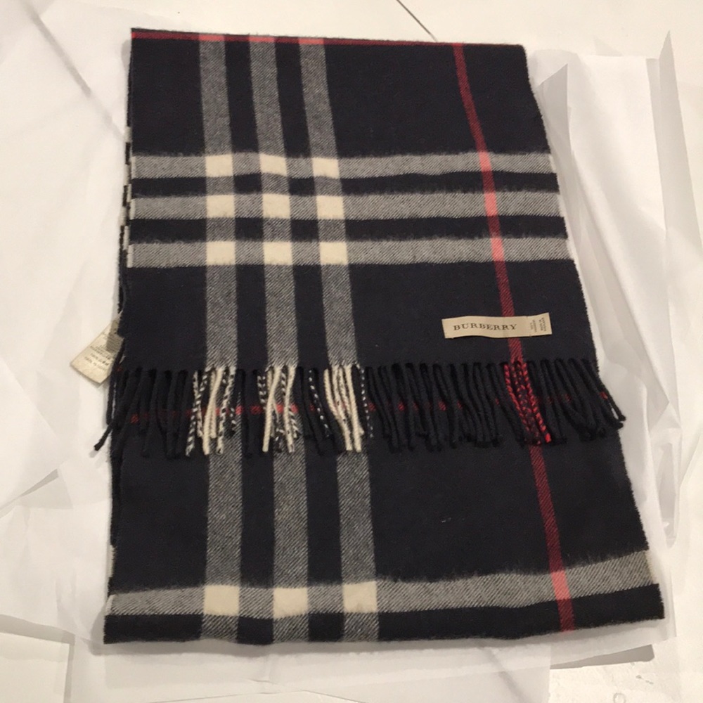 Burberry cashmere plaid scarf, navy, red, white,